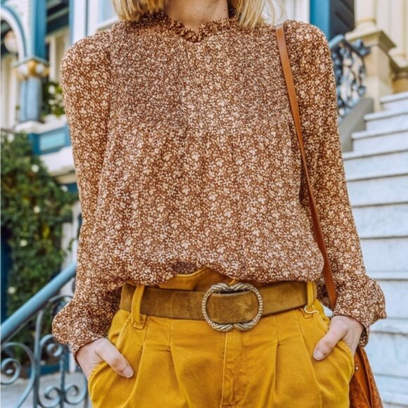 Sezane Mirta Blouse Womens Size 34 French US 2 Top Mock Neck Ruffle Sheer Boho - Picture 1 of 14